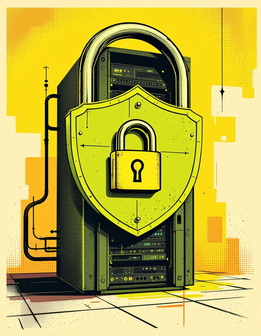 Pop-art illustration of a fortified server behind a padlock and shield