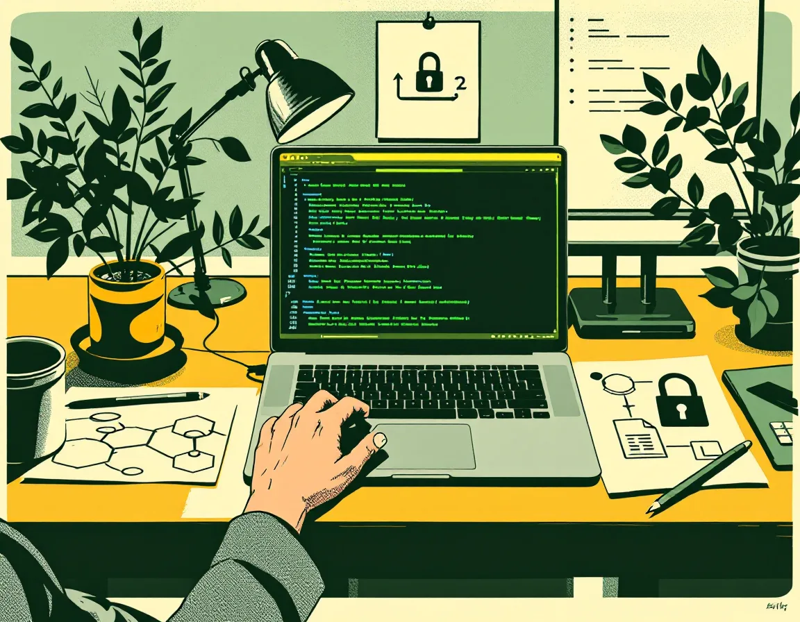 Illustration of a security consultant's workstation with a network map, signed scope, and a padlock